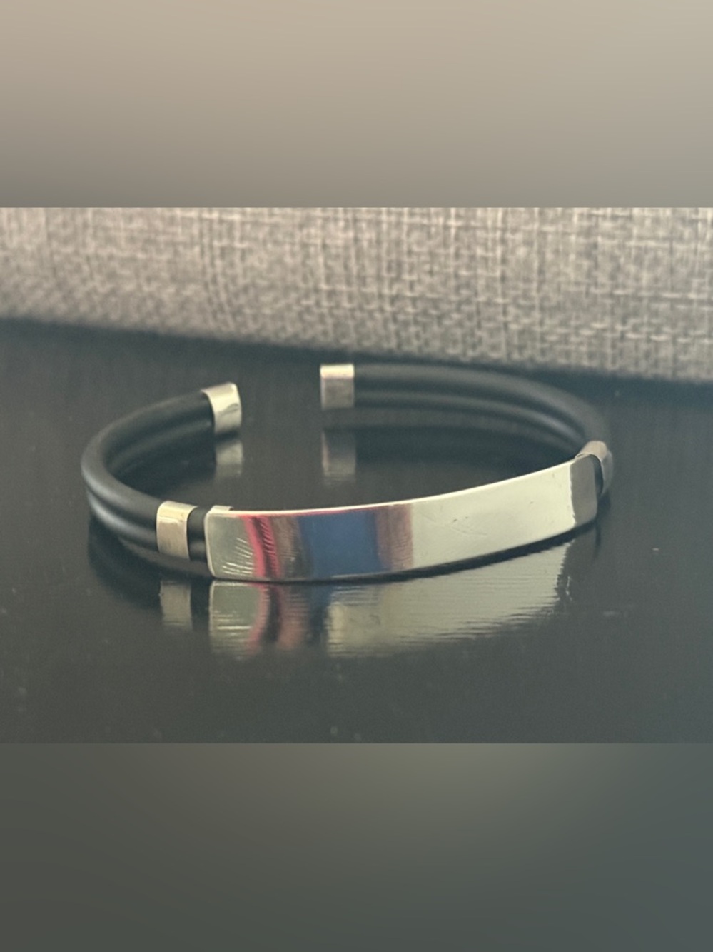 Sterling silver Men's Bracelet Black Adjustable Rubber Open Bangle